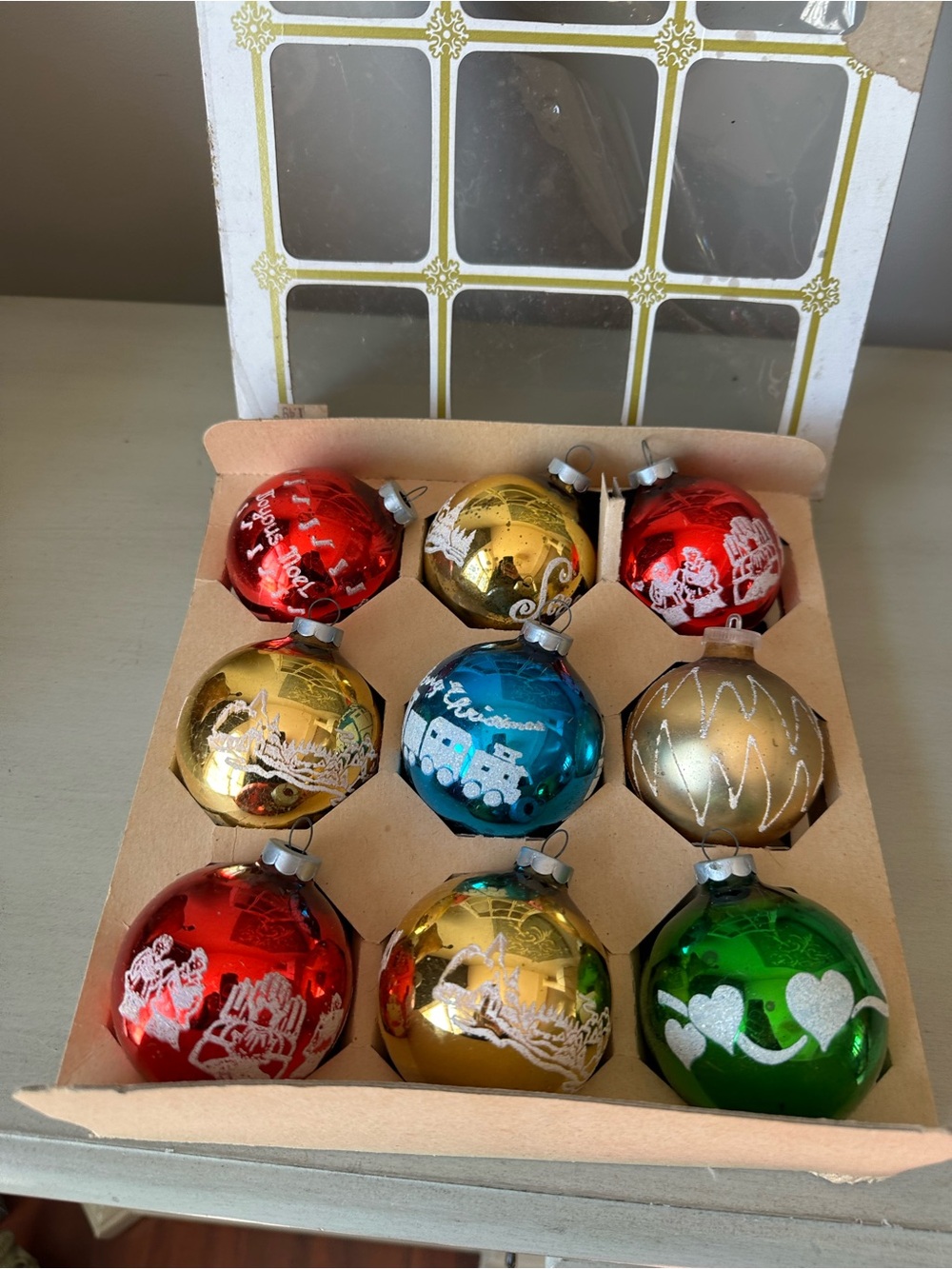 Vintage stenciled glass Christmas ornaments full box shiny brite like